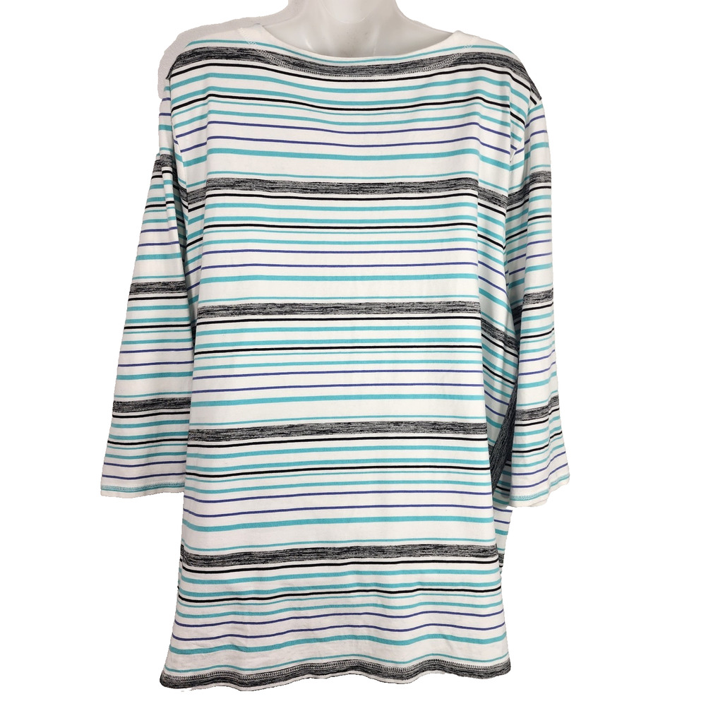 T By Talbots Womens Top Preppy Stripe Laceup Pullover 3/4 Sleeve Relax Pocket 2X - Picture 2 of 12